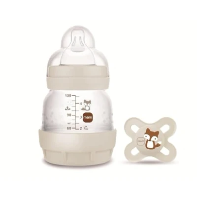 Afbeelding van MAM Anti Colic fles 130 ml plus fopspeen Start 0 2 maanden kleur ivoor/design haas