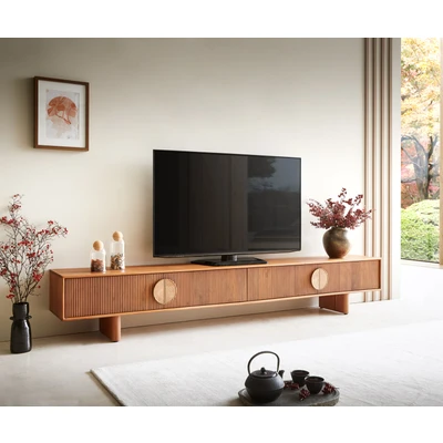 Afbeelding van TV meubel Surimu acacia lichtbruin 240 cm 4 deuren kurkgreep houten poten lowboard