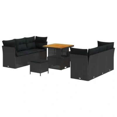 Afbeelding van vidaXL 9 delige tuinbankset met kussens zwart poly rattan acacia