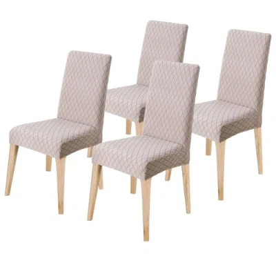 Afbeelding van LANSHENG Eetkamerstoelhoezen set van 4, stretch eetkamerstoelbeschermer slipcovers Jacquard, elastische afneembare wasbare stoelhoes voor eetkamer keuken banket restaurant thuis, taupe
