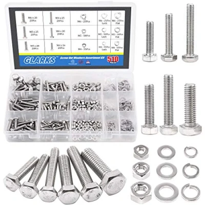 Afbeelding van Glarks 510 Stuks Platte Hex RVS Schroeven Bouten moeren Lock en Pakking Sluitringen Assortiment Kit