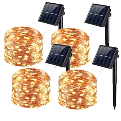 Afbeelding van QSPORTPEAK [4 stuks] Lichtsnoer op zonne energie, voor buiten, 4 x 12 m, 120 leds, lichtketting weerbestendig, koperdraad, 8 modi, IP65 waterdicht, feestjes, kerstverlichting,