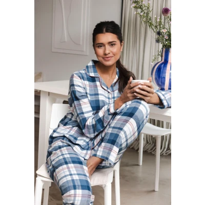 Afbeelding van Pastunette Flannel Check Pyjama Doorknoop Katoen/Flanel Blauw Maat 43