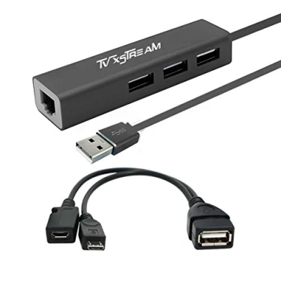 Afbeelding van LAN Ethernet adapter met 3 USB poorthub OTG voeding inbegrepen voor tv streamingapparaten FIRESTICKS, 2e generatie, 3e generatie 4K firestick, opslag uitbreiden en meer