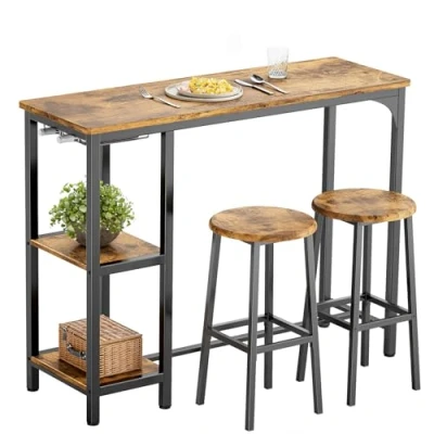 Afbeelding van Bealife Bartafel met barkrukset voor 2 personen, kroegentafelset planken en glashouder, keukenbartafelset keuken, woonkamer, eetkamer (Retro)