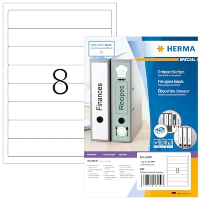 Afbeelding van HERMA 4290 A4 binnenlabel, cort/smal (192 x 34 mm, 100 vellen, papier, mat) zelfklevend, bedrukbaar, permanent klevende mapetikettes, 800 etiketten voor printer, wit