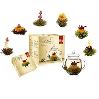 Afbeelding van Theebloemen geschenkset mix Zwarte thee Witte Groene en theepot (6 stuks theebloemen)