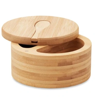 Afbeelding van Zout en peperblik van hout voor keuken of eetkamer met aparte vakken zout, specerijen, kruiden, magnetische deksel