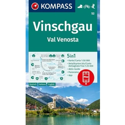 Afbeelding van Carta escursionistica KOM 52 Vinschgau/ Val Venosta: 5in1 Wanderkarte mit Aktiv Guide, Detailkarten und Panorama inklusive Karte zur offline Verwendung in der KOMPASS App. Fahrradfahren. Skitouren.
