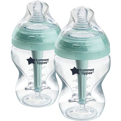 Afbeelding van Tommee Tippee anti Colic zuigflessen, tepelspeen met langzame uitstroomsnelheid en uniek koliek ontluchtingssysteem, 260 ml, verpakking van 2 stuks