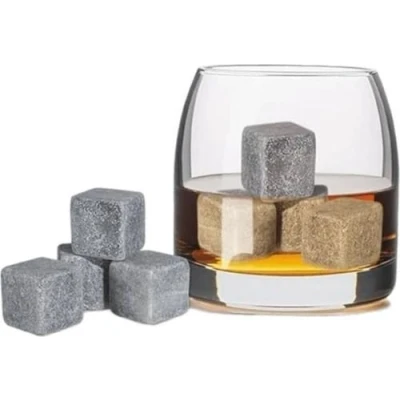Afbeelding van New Age Devi Whisky Stones Set 6 stuks Licht Grijs Natuursteen Whiskey Stenen IJsblokjes Fluwelen Opbergzak