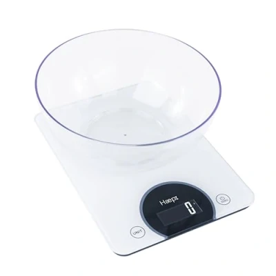 Afbeelding van Haepi Elektronische keukenweegschaal uit gehard glas met hoge capaciteit en precisie 15 kg/1g, tarrafunctie, groot plateau ideaal voor patisserie, inbegrepen kom, batterijen inbegrepen, jaar garantie