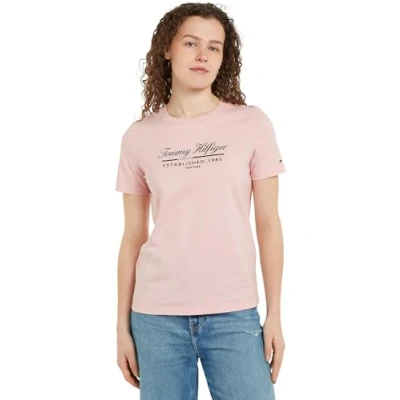 Afbeelding van Tommy Hilfiger Dames REG Script Graphic C NK SS WW0WW43502 S/S T shirt, delicaat roze, XS, Roze (delicaat roze), XS