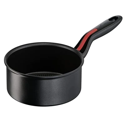 Afbeelding van Lagostina Linea Rossa soeppan met lange handgreep, aluminium, zwart, Ø 16 cm, inductie, gas en oven tot 175 C, gietrand, antislip siliconen handgrepen