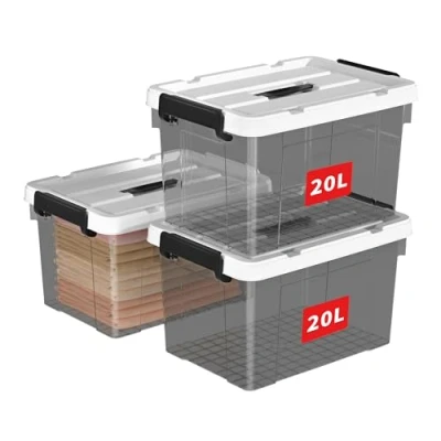 Afbeelding van Cetomo 20L x 3 opbergdozen, draag plastic opbergdoos met deksels, organiserende container handvat en veilige vergrendelende gespen, stapelbaar, nestbaar, draagtas voor huiskleding, 3Pack,