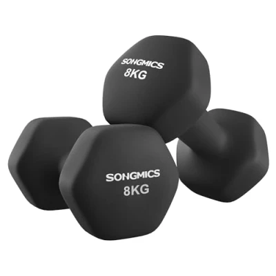 Afbeelding van SONGMICS Halters, Set van 2, 2 x 8 kg, Haltersset, Zeskant, Neopreen Coating, Krachttraining, Workout, Fitnesstraining, voor Thuis, Inktzwart SYL180B01