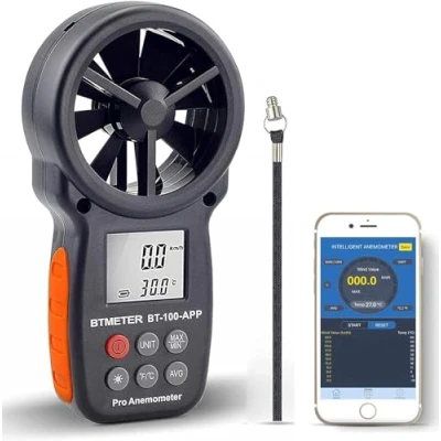 Afbeelding van BTMETER BT 100APP Anemometer met draadloze Bluetooth, digitale handheld windsnelheidsmeter voor windchill, luchtsnelheid, temperatuur, windwijzermeter