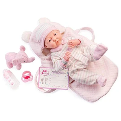 Afbeelding van JC TOYS La Newborn pop voor pasgeborenen, 38 cm, zacht lichaam, inclusief romper, zak en 5 accessoires, roze, ontworpen in Spanje door Berenguer, 2 jaar