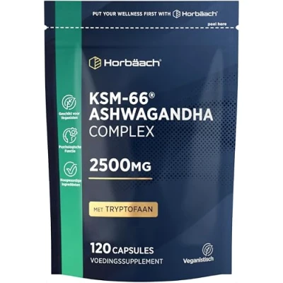 Afbeelding van Ashwagandha KSM 66 Capsules Complex met Zwarte Peper, L Tryptofaan, Kamille, Extract van Citroenmelisse et mer! 120 Vegane Stk Horbaach