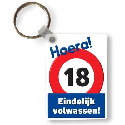 Afbeelding van Sleutelhanger Verjaardag 18 Jaar Verkeersbord Uitdeelcadeautjes Plastic