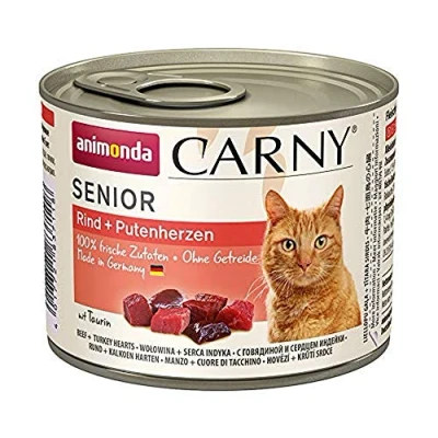Afbeelding van Animonda Carny Senior, natte voeding voor katten vanaf 7 jaar, runds + putenhartjes, 6 x 200 g