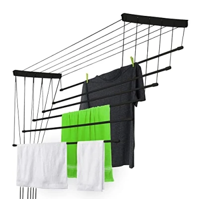 Afbeelding van KADAX Plafondwasdroger, wasdroger voor het plafond 6, wanddroger met polyethyleen beklede stalen spijlen, plafonddroger, draagvermogen 12 kg (6x 120/zwart)
