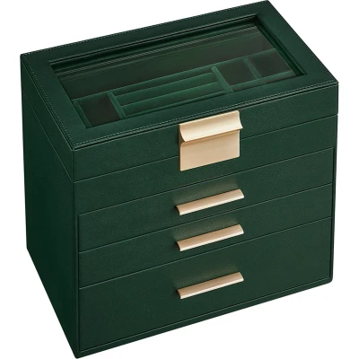 Afbeelding van Signature Home sieradendoos met 4 niveaus juwelendoos glazen deksel 3 laden voor zonnebrillen grote juwelen opbergen van modern Groen