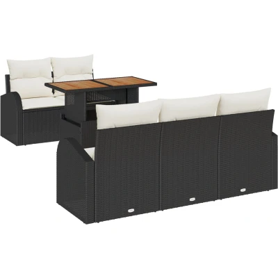 Afbeelding van vidaXL 6 delige Tuin Eet Set met Kussens Zwart Poly Rattan Acacia