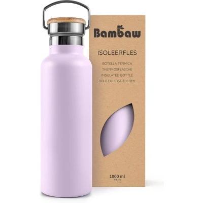 Afbeelding van Bambaw® 1000ml RVS Thermosfles Dubbelwandig, Milieuvriendelijk, Lekvrijen, loodvrij en Plasticvrij Geïsoleerde Fles met Bamboe Deksel voor Warme Koude Dranken Ideaal Reizen, Werk, Yoga, Wandelen Dagelijks Gebruik violet