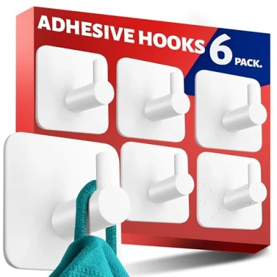 Afbeelding van Menz Handdoekhouder zonder boren, set van 6 stuks, witte haken, zelfklevend, stijlvolle wandhaken, klassiek, functioneel, sterke kleefhaken als handdoekhaak voor de badkamer, KLEBEHAKEN M85