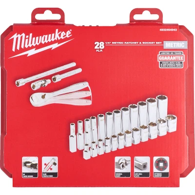 Afbeelding van Milwaukee Accessoires 1/4 Ratel en Doppenset Metrisch 28 delig 4932464943