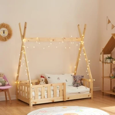 Afbeelding van [en.casa] Kinderbed Helsingborg 70x140 cm met uitvalbeveiliging bedbodem Tipi tent jeugdbed bedframe grenen houten bed voor kinderen houtkleurig