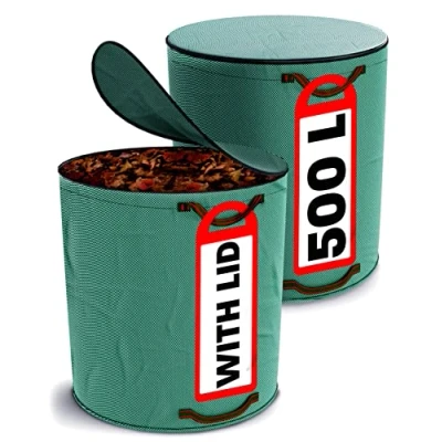 Afbeelding van 2 Tuinafvalzakken met Deksel Ritssluiting 500L XXL Large 4 Stevige Handvatten Stabiel Opvouwbaar Herbruikbaar Robuust Polypropyleen