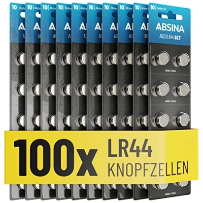 Afbeelding van ABSINA AG13 LR44 knoopcel 100 stuks 1,5 V alkaline knoopcellen lekvrij en met lange houdbaarheid LR1154 / L1154 L1154F G13 G13A 13GA 157 V13GA PX76A RW82 knoopbatterijen