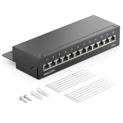Afbeelding van deleyCON CAT 6 Patchpanel Distributiepaneel 12 Poorts Desktop &amp; Wandbevestiging Afgeschermd 12x RJ45 Aansluiting TIA568A TIA568B Zwart