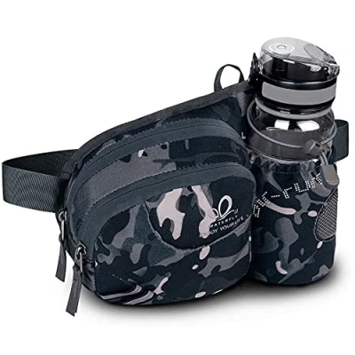 Afbeelding van Waterfly heuptas met flessenhouder voor dames en heren, ademende reflecterende strepen hardlopen, fietsen, kamperen, klimmen, reizen, camouflage, zwart., Small