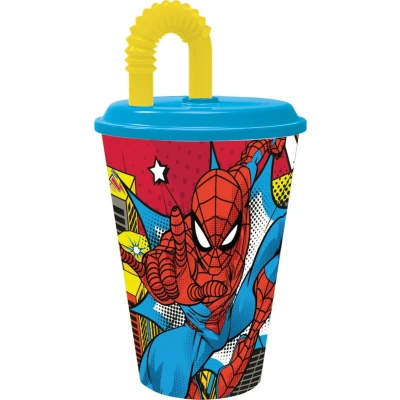 Afbeelding van Marvel Spiderman Spider Man plastic blauwe en gele kinderbeker 430 ml met rietje flexibel deksel