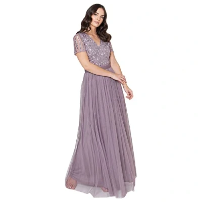 Afbeelding van Maya Deluxe Maxi jurk voor dames, bruidsmeisje, V hals, baljurk met korte mouwen, lang, elegant, empire taille, bruiloft, Moody Lila, 32
