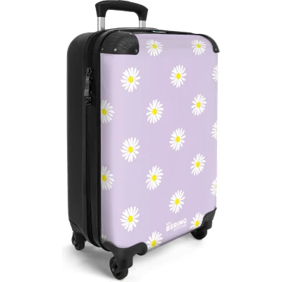 Afbeelding van NoBoringSuitcases.com® Handbagage koffer lichtgewicht Reiskoffer trolley Pastel paars met madeliefjes Rolkoffer wieltjes Past binnen 55x40x20 en 55x35x25
