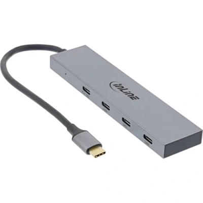 Afbeelding van InLine® Hub USB 3.2 Gen.2 (10Gb/s), Type C vers 4 Ports (1 Port Power Through jusqu&#039;à 100 W), OTG, boîtier en Aluminium, Gris, sans Bloc d&#039;alimentation