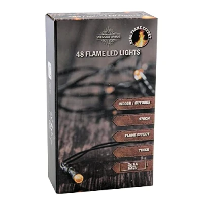 Afbeelding van Led lichtsnoer met batterij, timer, vlameffect, vlam, warm wit, voor binnen en buiten, 48 stuks buiten