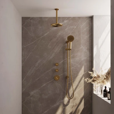Afbeelding van BRAUER Gold Carving thermostatische inbouw regendouche SET 23 met 20 cm douchekop en plafondarm 3 standen handdouche doucheslang