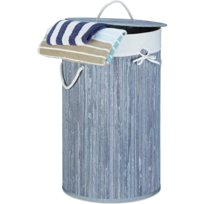 Afbeelding van Relaxdays wasmand bamboe wasbox met deksel 70 liter rond 65 x 41 cm grijs