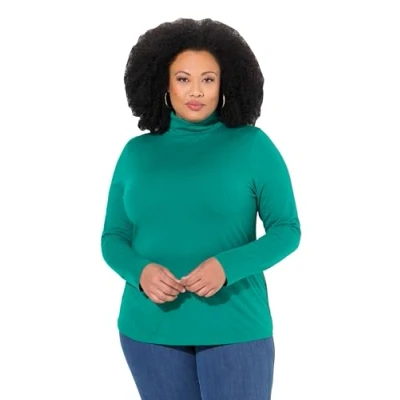 Afbeelding van Ulla Popken Dames grote maten plus size shirt, rolkraag, slim, lange mouwen, smaragd groen., 50/52 NL