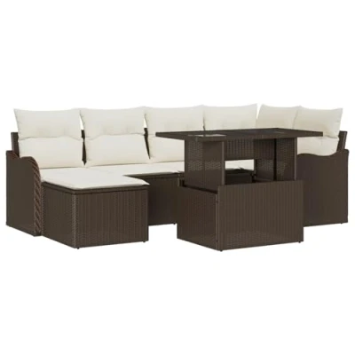 Afbeelding van vidaXL 7 delige Tuin Sofa Set met Kussens Bruin Poly Rattan, 2 zits Rattan