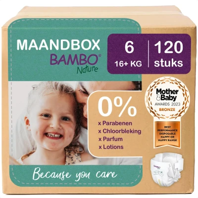 Afbeelding van BAMBO Nature Luiers Maat 6 (16+ kg) 120 stuks Maandbox 0% onnodige toevoegingen Ideaal voor de gevoelige huid Nordic Swan Ecolabel