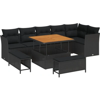 Afbeelding van vidaXL 9 delige Tuin Sofa Set met Kussens Zwart Poly Rattan Acacia, 3 Eet Acacia