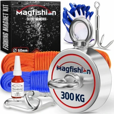 Afbeelding van Magfishion Magneetvissen MEGA Set 300 KG Vismagneet 2x Touw + Karabijnhaak met Schroefsluiting Dreghaak Handschoenen Borgmiddel Magneet Vissen Outdoor Kinderen