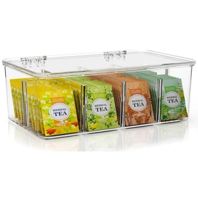 Afbeelding van KICHLY Theezak organizer, 1 stuks, stapelbare theezakjes, opslag, organizer met helder deksel, theezakhouder voor werkbladen, keukenkasten, voorraadkamers, zoetstoffen (transparant)