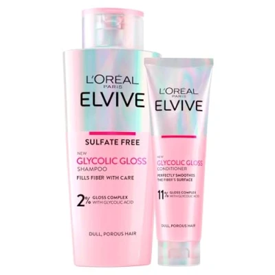 Afbeelding van L&#039;Oréal Paris Elvive Glycolic Gloss 200ml Shampoo + 150ml Conditioner met Glycolzuur voor poreus en dof haar 2 Flessen